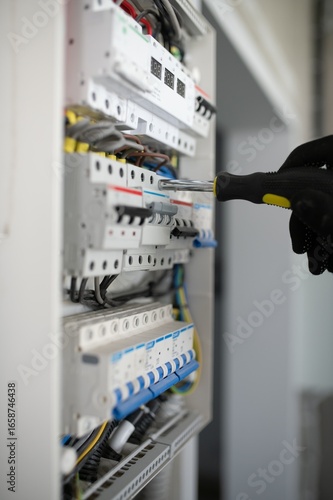 Εκτύπωση καμβά A male electrician works in a switchboard