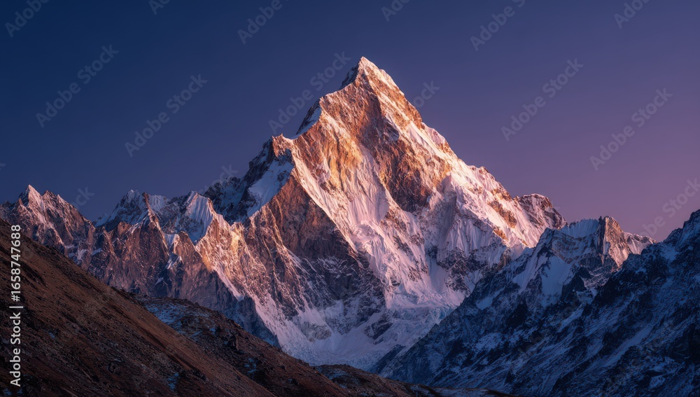 Obraz premium Majestic Peak: Witness the awe-inspiring summit of a mountain, its snow-covered peak gleaming under the soft embrace of dawn's first light. This landscape scene captures nature's grandeur.
