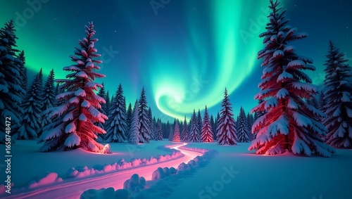 Winter wonderland aurora borealis snow covered trees landscape christmas scene wallpaper background image