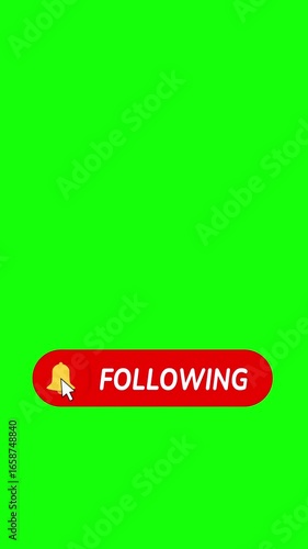 Vertical lower third with red bell icon and “follow us” text sliding in. Cursor clicks, bar turns red, and text changes to “following.” Green screen, 4K, seamless loop.