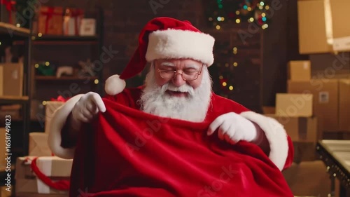 Santa Claus Holding a Red Gift Bag in Workshop