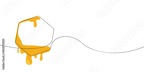 One line colored drawing of a honeycomb cell with golden honey dripping. Minimalist linear illustration. Beekeeping, organic food and natural product concept.