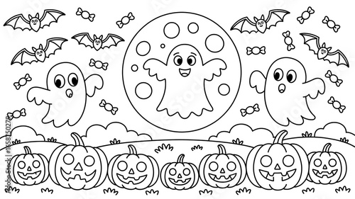 Halloween coloring page with ghosts bats pumpkins and moon