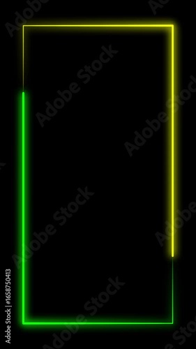 Vertical neon rectangular frame on black background. Yellow and green glowing beams move along edges in a seamless loop. 4K portrait video for modern visual effects.