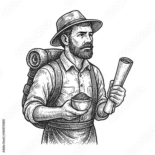 A bearded explorer with a backpack, holding a map and a bowl of seeds vintage illustration