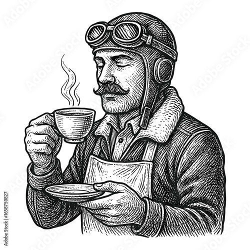 a male pilot in a helmet and apron savoring a cup of hot, steaming coffee vintage illustration