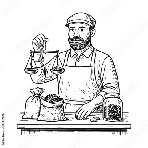 A vintage illustration of a bearded merchant weighing goods on a traditional balance scale