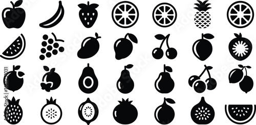 Fruit icons collection, apple banana strawberry, citrus slice, pineapple, watermelon, grapes, mango, cherry, pear, kiwi, pomegranate, fresh healthy fruit
