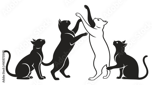 Four stylized cats in black and white playing together on a white background