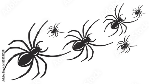 Group of black spider silhouettes moving across a white background