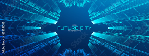 Metaverse city with futuristic 3D buildings and neon tech backgrounds. Abstract cyber skyscrapers with glowing outlines and AI data networks. NFT-ready urban scenes or blockchain system designs.