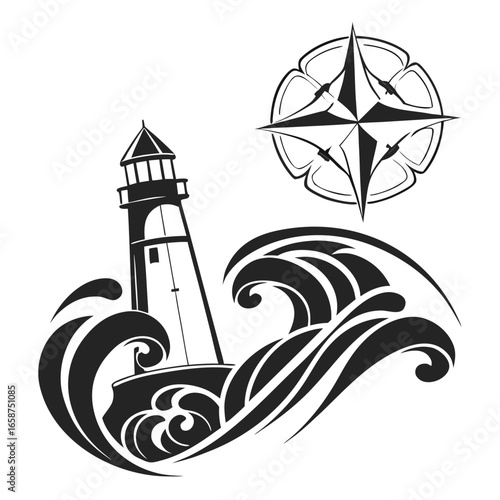 Nautical design featuring a lighthouse on rocky shores amidst stylized waves and a compass rose