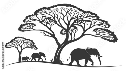 Silhouette of a family of elephants walking under acacia trees in the african savanna