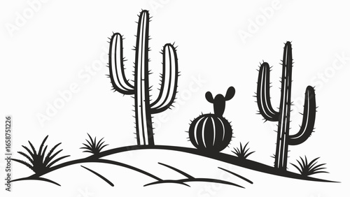 Stylized black and white silhouette of a desert landscape with saguaro cacti and sparse vegetation