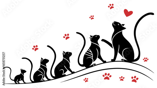 Stylized black cats in silhouette with red paw prints and a heart symbol
