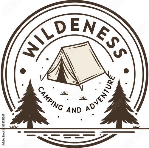 Vector art of vintage wilderness camping adventure logo with tent and trees