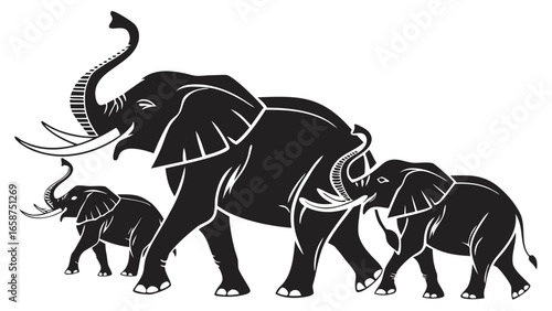 Stylized black silhouette of a family of elephants walking together with trunks raised