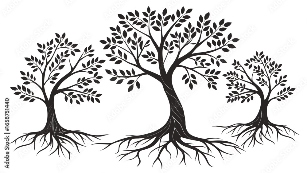 Obraz premium Three stylized black silhouette trees with visible roots and leafy branches on a white background