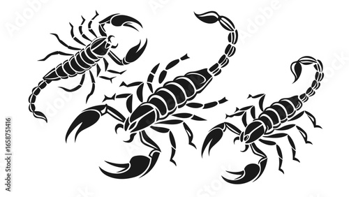Three stylized black scorpions in a tribal tattoo design on a white background
