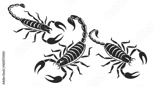 Three stylized black scorpions with segmented tails and claws on a white background