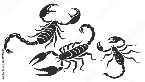 Three stylized black scorpions with segmented tails and claws raised on a white background