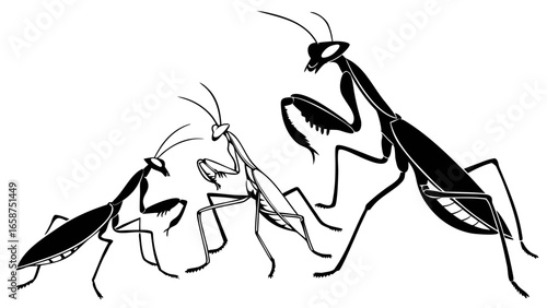 Three stylized praying mantises in black silhouette on a white background