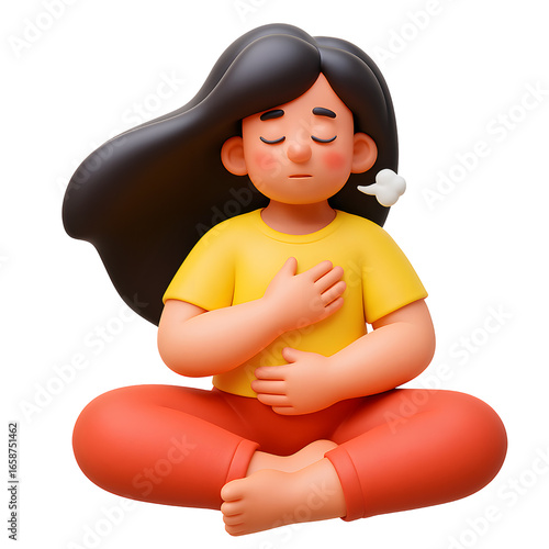 Relaxed 3D cartoon of a woman meditating in a lotus pose promoting mindfulness and inner peace