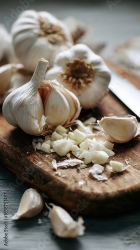 Chopped garlic sits on a wooden board next to whole bulbs and cloves in the kitchen