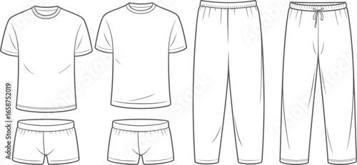 Men’s and women’s casual clothing set, t-shirts, shorts, pants, basic outfit collection, summer fashion, comfortable wear, blank apparel mockup.