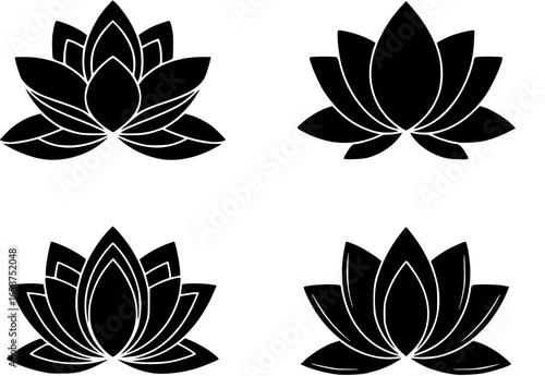 Symmetrical black lotus silhouette with layered petals, timeless floral icon for spiritual and wellness brands

