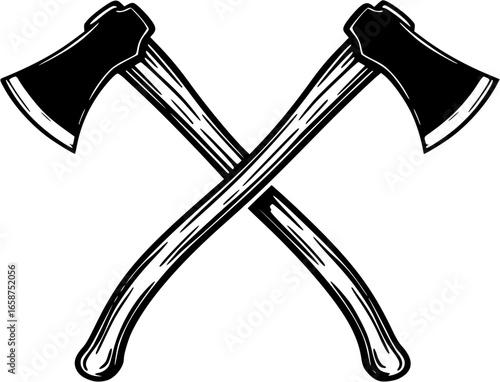Bold black silhouette vector logo of two crossed axes representing strength and wilderness craftsmanship
