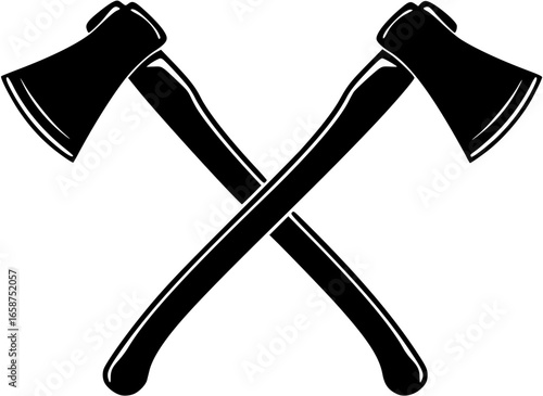 Bold black silhouette vector logo of two crossed axes representing strength and wilderness craftsmanship
