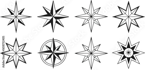 Vector art of set of compass rose star designs for navigation and exploration themes
