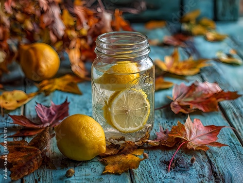 Glass jar with lemon water and autumn leaves decoration