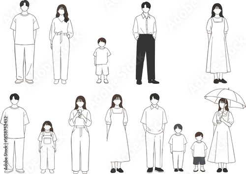 Family silhouette set, diverse group poses, parents and children, black vector PNG, minimalist clipart, lifestyle, parenting, inclusive, social