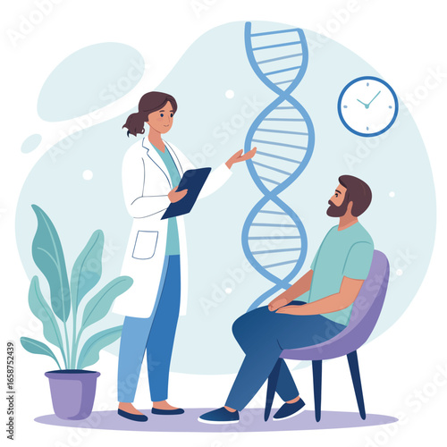 Infographic Design Illustrating Genetic Counseling Concepts Including Chromosomes DNA Family History and Medical Advice Suitable for Healthcare Professionals and Patient Education Materials
