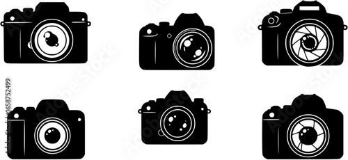 Sleek black camera silhouette with subtle lens details, modern photography logo for studios and professionals
