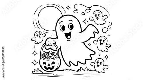 Halloween ghost with candy bucket coloring page Keywords: halloween, ghost, candy, bucket