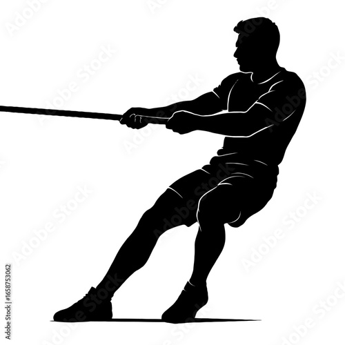 A black and white vector of a man pulling a rope, depicting the game of tug of war