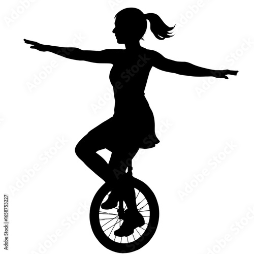 A black and white vector of a woman performing an acrobatic feat on a unicycle