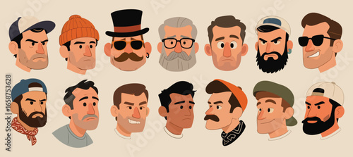 Collection of Diverse Male Cartoon Portraits Flat Style Illustrations