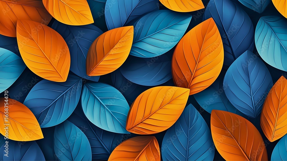 Fototapeta premium Vibrant leaves creating a visually striking, seamless pattern, with beautiful colors. Each leaf has its own unique color