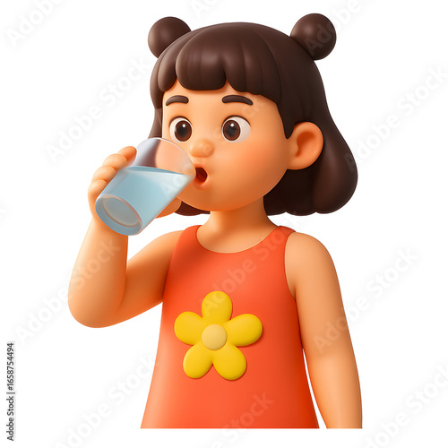 Adorable cartoon girl character drinking water from a glass promoting hydration and healthy living