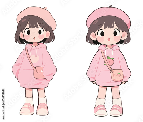 Adorable Kawaii Girl in Pink Hoodie and Beret Two Poses Illustration