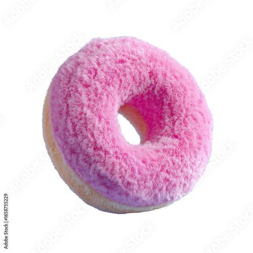 A fluffy pink donut, angled slightly, with a pale yellow/cream colored inner circle