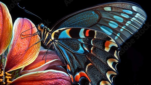 A colorful butterfly gracefully perched on a vibrant flower, showcasing intricate details and natural beauty. The contrast between the butterfly and the flower's petals is striking. 