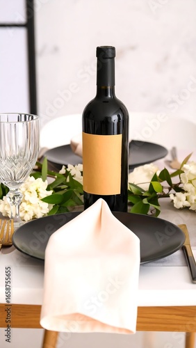 Elegant table setting with wine bottle