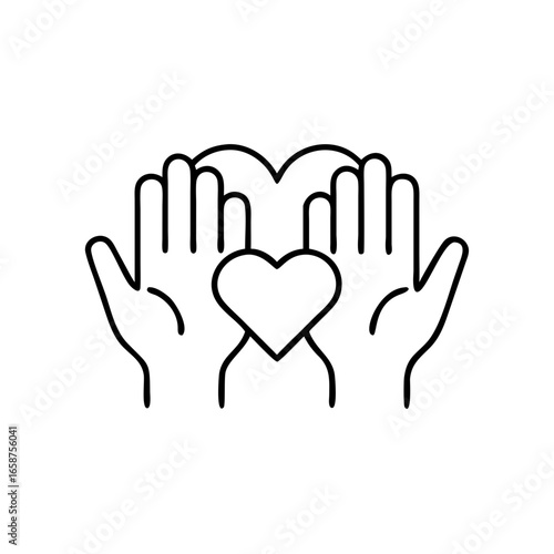 Volunteer hands forming a heart symbol in a minimalist style