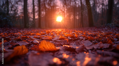 Warm sun shines brightly through the dark forest trees, illuminating a rich carpet of colorful autumn leaves covering the tranquil ground below.