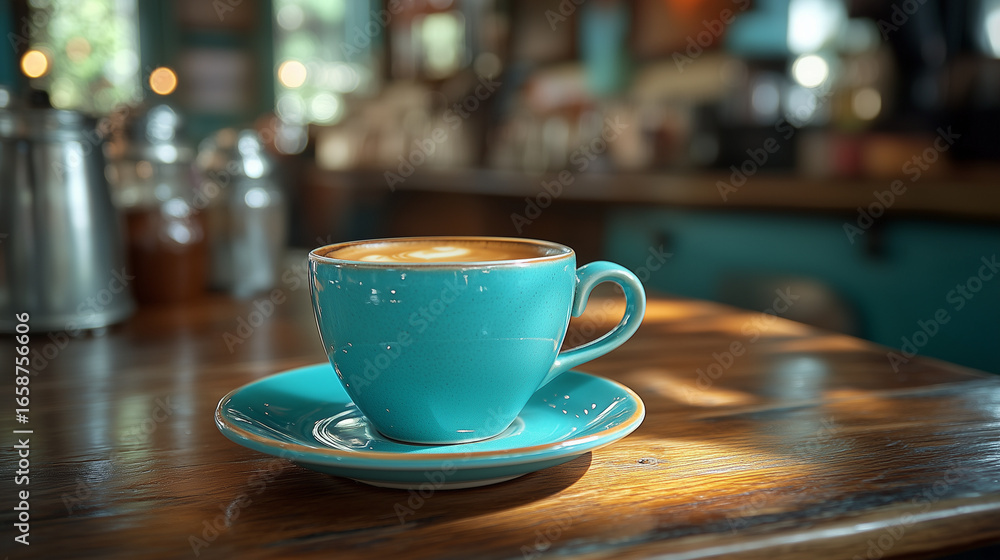 Fototapeta premium A beautiful turquoise coffee cup filled with a warm latte is placed on a sunlit wooden table in a blurred cafe setting.